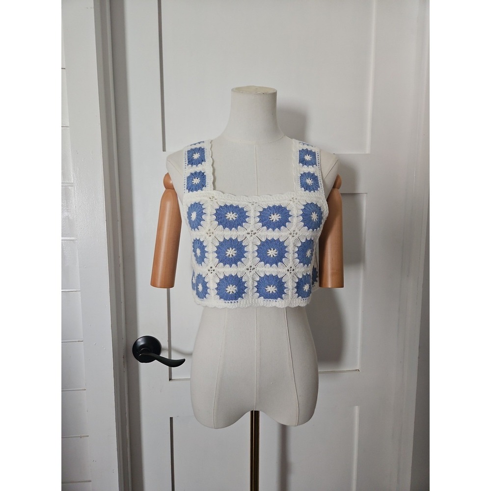 Altar'd State Blue & White Crochet Granny Square Crop Top Size XS